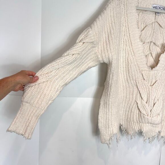 Wildfox Sweater Womens XS White Ivory Knit Braided Distressed Logan Pullover - Picture 9 of 10